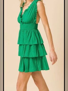 A. Calin by Flying Tomato Emerald Tiered Ruffle Mini Dress